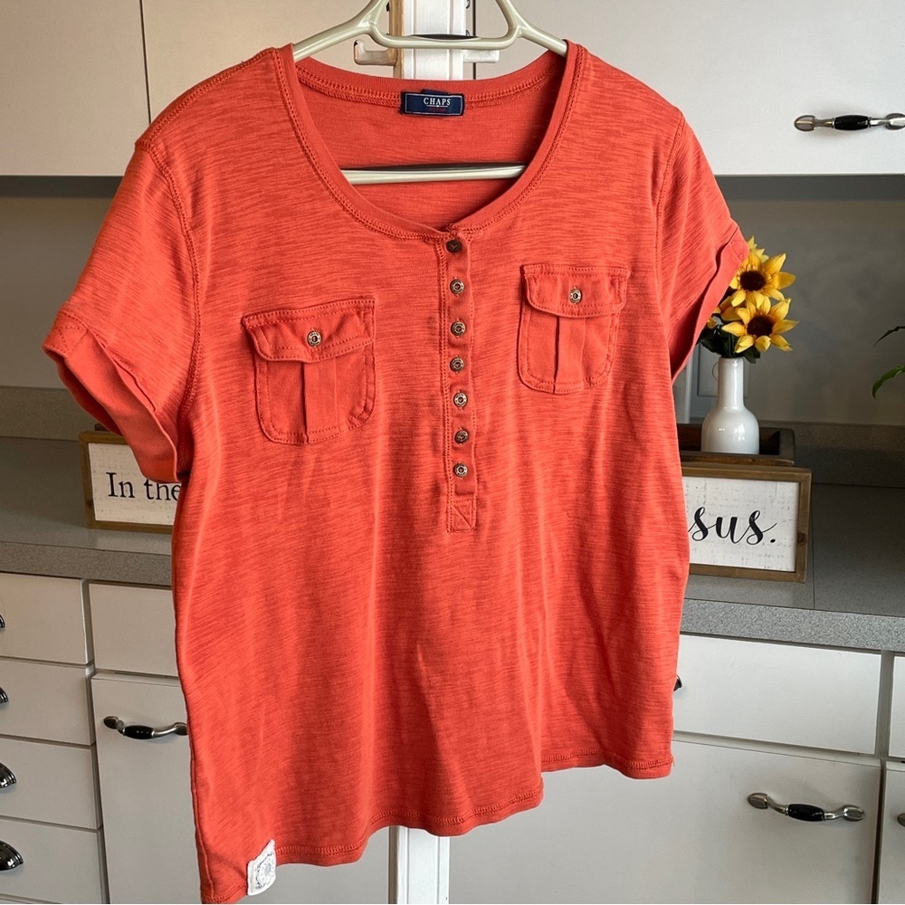 Chaps. Orange, short sleeved shirt. Size XL